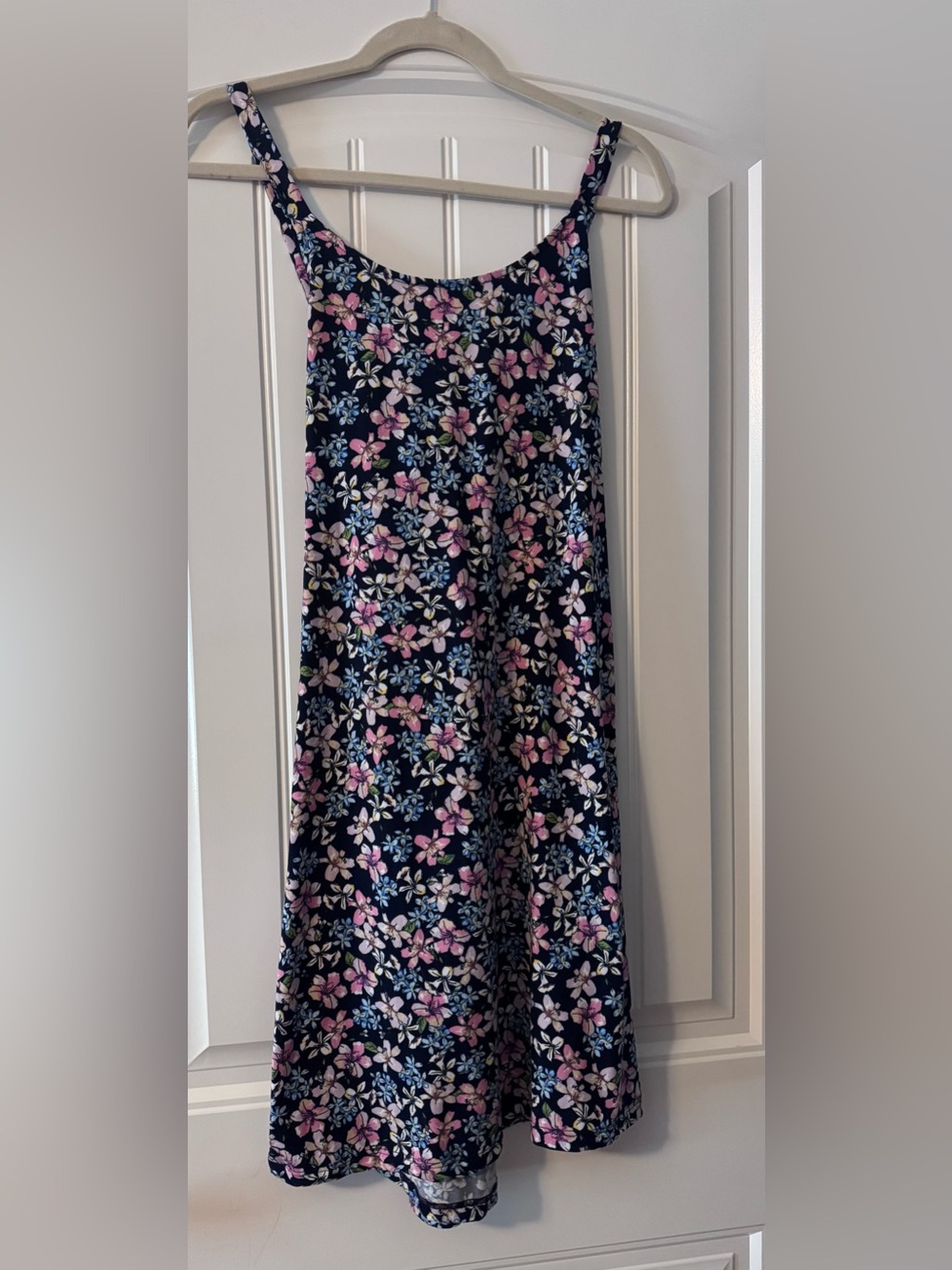 Floral A-Line Midi Dress in Navy with Pink & White Blooms